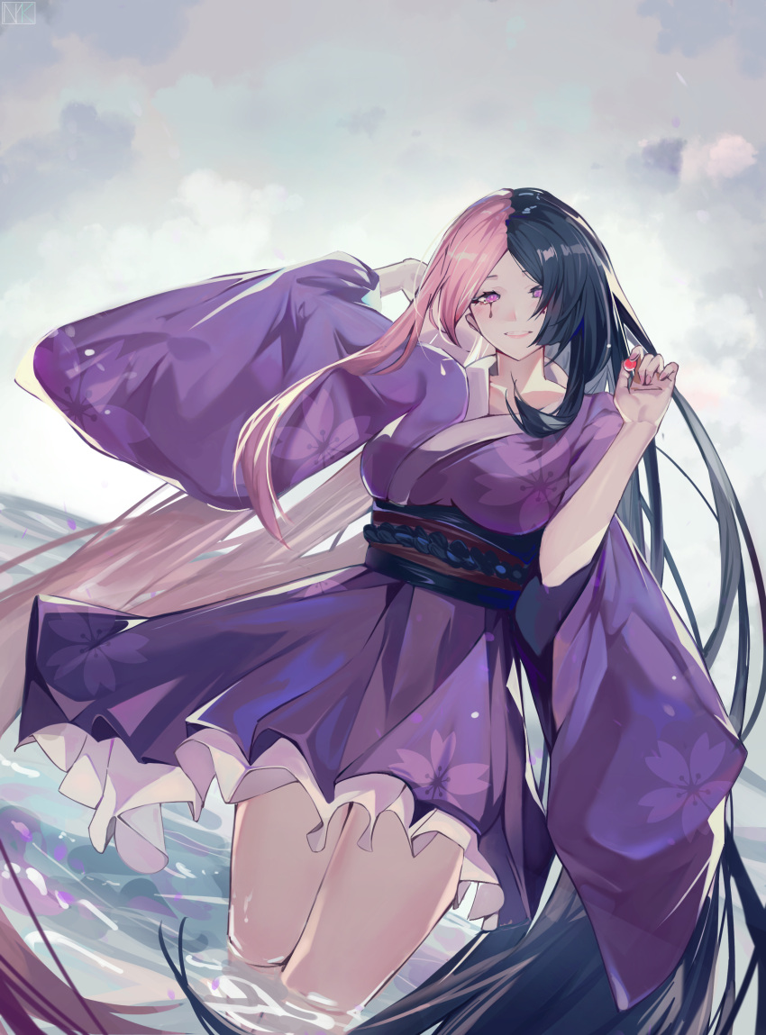 1girl, absurdres, arms_behind_head, bangs, black_hair, breasts, chinese_commentary, closed_mouth