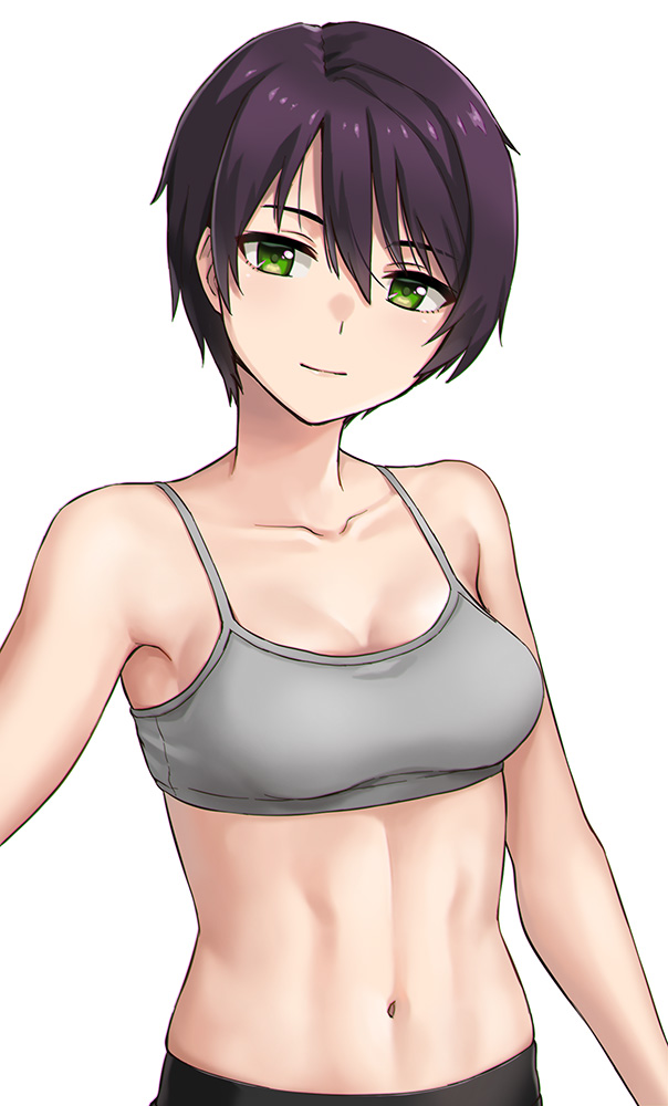 1girl, abs, bangs, bare_shoulders, bike_shorts, breasts, brown_hair, closed_mouth