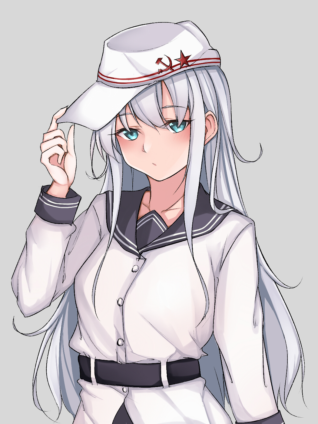 1girl, aqua_eyes, belt, black_belt, breasts, flat_cap, hammer_and_sickle, hat
