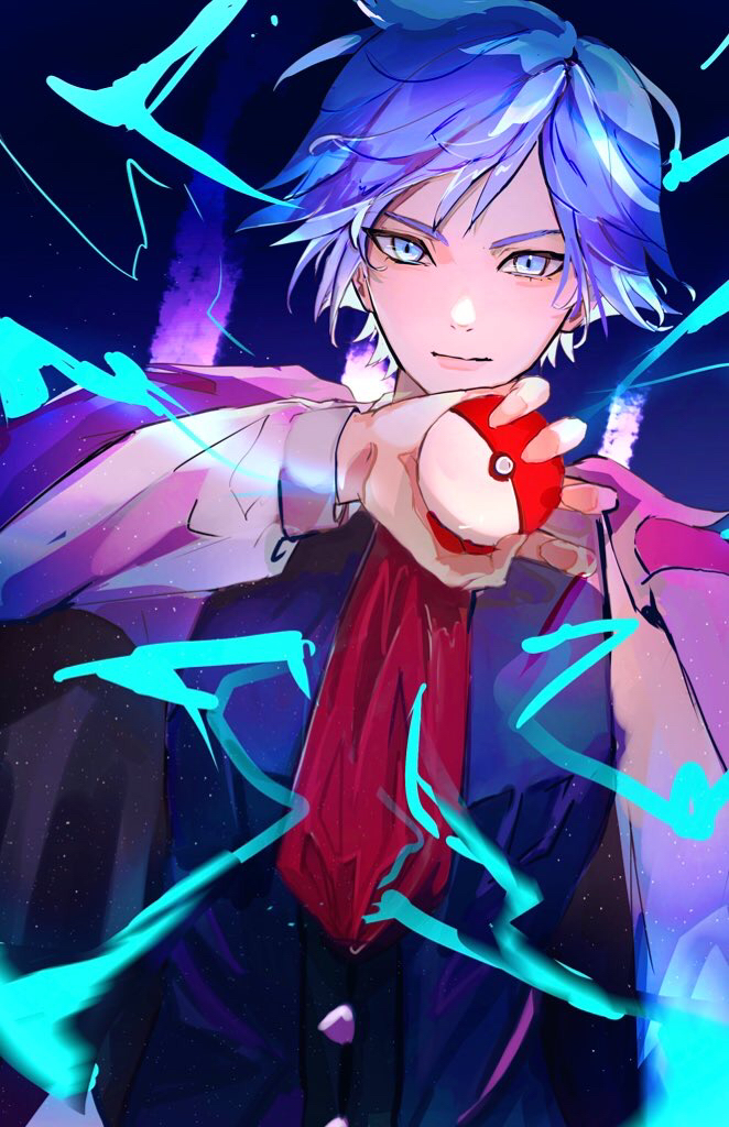1boy, bangs, blue_eyes, blue_hair, closed_mouth, commentary_request, energy, eyelashes