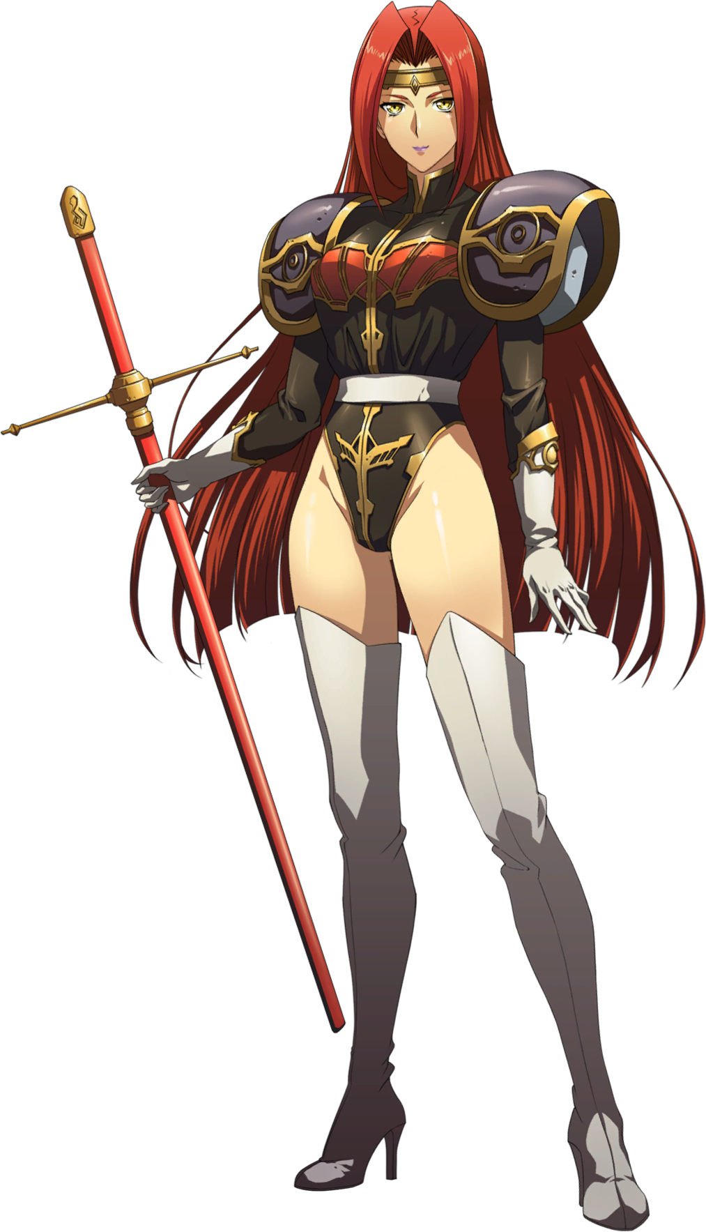 1girl, armor, belt, black_leotard, boots, circlet, closed_mouth, full_body
