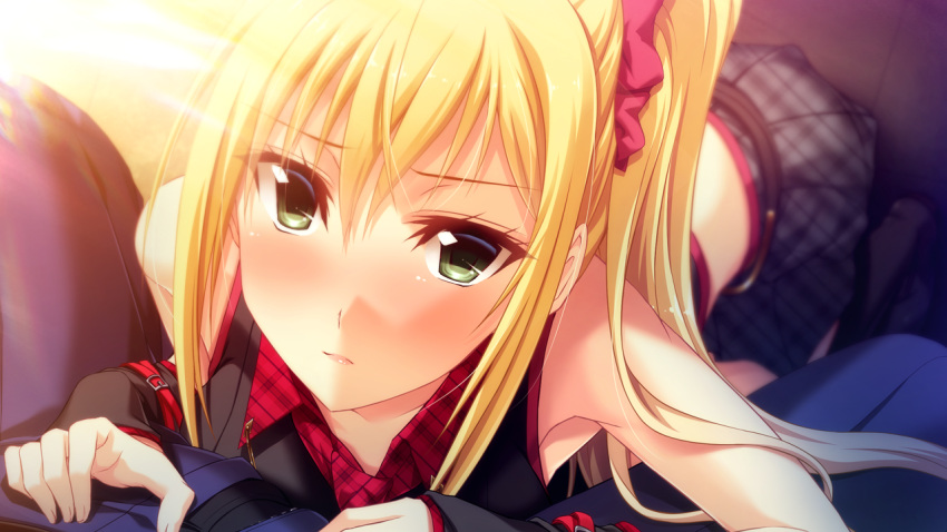 1boy, 1girl, bangs, black_vest, blonde_hair, blue_pants, blush, closed_mouth, collared_shirt, crop_top, from_above, game_cg, green_eyes, grey_skirt, hair_between_eyes, hair_ornament, hair_scrunchie, hazuki_shizuku, imminent_fellatio, kneeling, long_hair, looking_at_viewer, looking_up, midriff, miniskirt, official_art, open_fly, pants, plaid, plaid_shirt, plaid_skirt, pleated_skirt, ponytail, red_scrunchie, red_shirt, scrunchie, shirt, skirt, sleeveless, sleeveless_shirt, solo_focus, spread_legs, tsukiakari_ni_modaeru_harame, vest, wing_collar