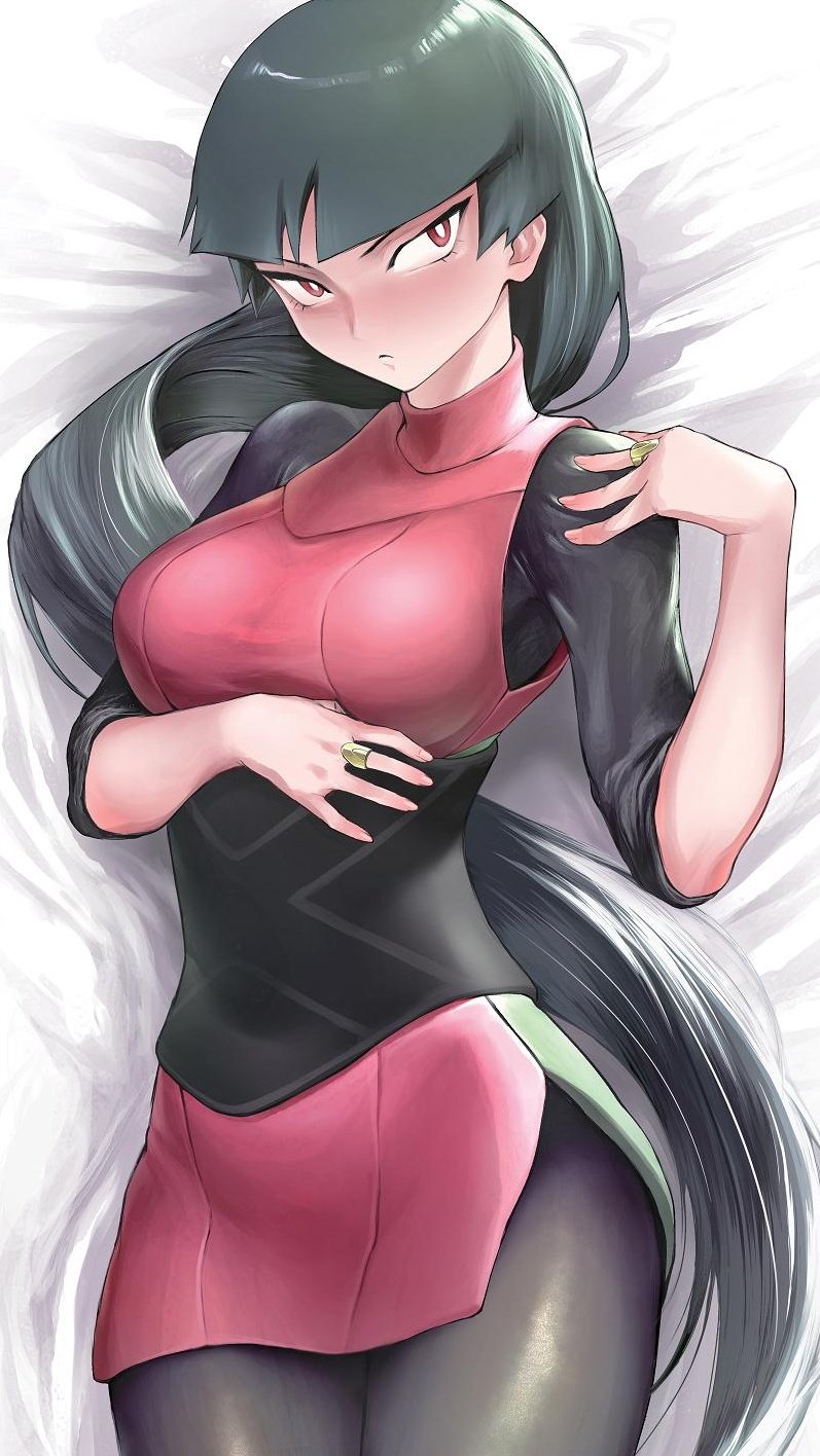 1girl, bangs, bed_sheet, blunt_bangs, bodysuit, breasts, bright_pupils, closed_mouth, commentary_request, cowboy_shot, crop_top, eyelashes, from_above, green_hair, highres, hirokanekure, jewelry, long_hair, lying, on_back, pokemon, pokemon_(game), pokemon_lgpe, red_eyes, ring, sabrina_(pokemon), sash, shiny, shiny_clothes, skirt, sleeves_past_elbows, solo, turtleneck, white_pupils
