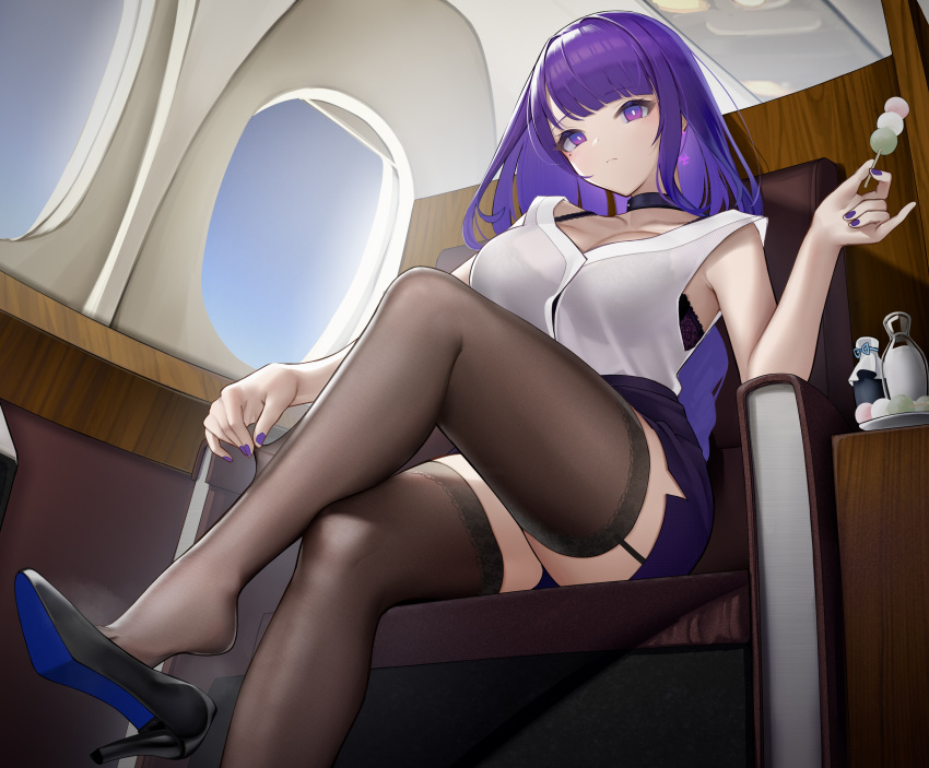 1girl, absurdres, airplane_interior, bangs, black_bra, black_footwear, black_legwear, blunt_bangs