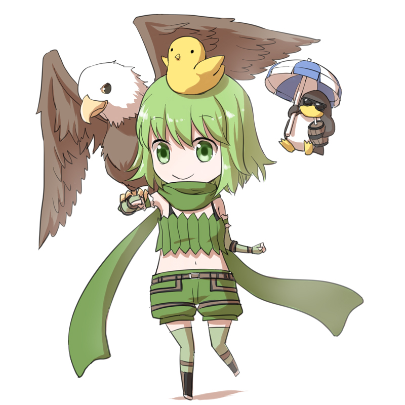1girl, animal_on_arm, animal_on_head, bangs, barrel, belt, bird, bird_on_arm, bird_on_head, black_footwear, boots, bra_strap, breasts, brown_belt, chibi, closed_mouth, commentary_request, eagle, elbow_gloves, eyebrows_visible_through_hair, fingerless_gloves, full_body, galapago_(ragnarok_online), galapagos_penguin, gloves, green_eyes, green_gloves, green_hair, green_legwear, green_scarf, green_shorts, green_tube_top, looking_at_viewer, midriff, natsuya_(kuttuki), navel, on_head, penguin, pouch, ragnarok_online, ranger_(ragnarok_online), scarf, short_hair, shorts, simple_background, small_breasts, smile, sunglasses, thigh-highs, umbrella, white_background