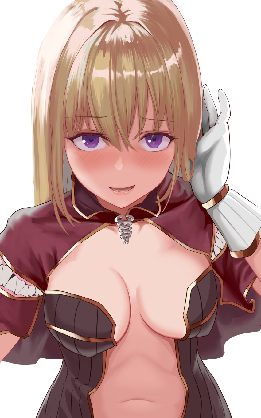 1girl, absurdres, bangs, blonde_hair, blush, breasts, breasts_apart, brown_dress
