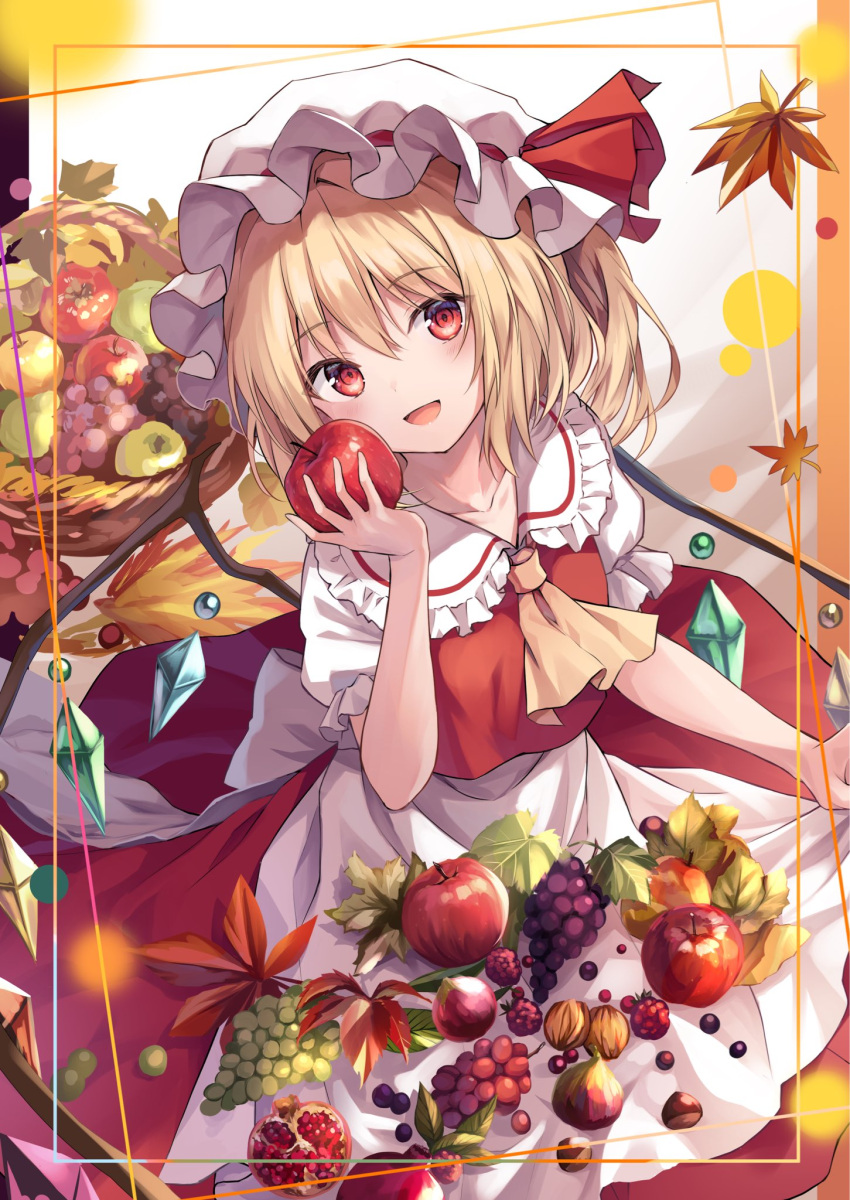 1girl, :d, apricot_(fruit), apron, ascot, autumn_leaves, bangs, blonde_hair, blush, bow, collarbone, commentary_request, crystal, eyebrows_visible_through_hair, eyelashes, flandre_scarlet, flat_chest, food, frilled_apron, frilled_shirt_collar, frilled_sleeves, frills, fruit, fruit_basket, grapes, hat, hat_bow, hat_ribbon, highres, holding, holding_food, holding_fruit, kure~pu, looking_at_viewer, mob_cap, open_mouth, peach, pomegranate, puffy_short_sleeves, puffy_sleeves, red_bow, red_eyes, red_ribbon, red_skirt, red_vest, ribbon, short_sleeves, skirt, smile, solo, touhou, upper_body, vest, white_apron, white_headwear, wings, yellow_ascot