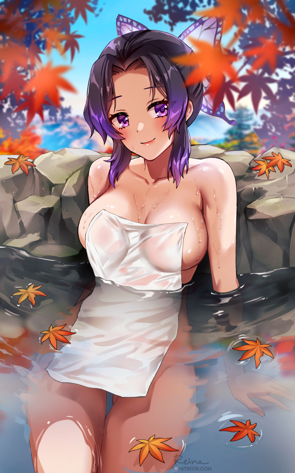 1girl, bare_shoulders, black_hair, blurry, bow, breasts, closed_mouth, collarbone