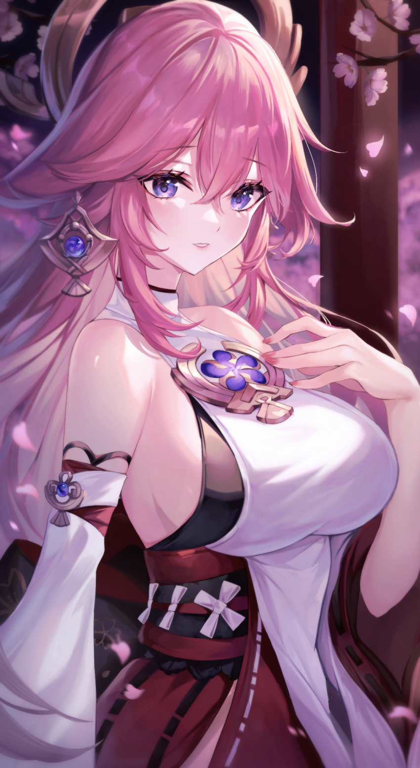 1girl, \||/, bangs, bare_shoulders, blush, branch, breasts, closed_mouth