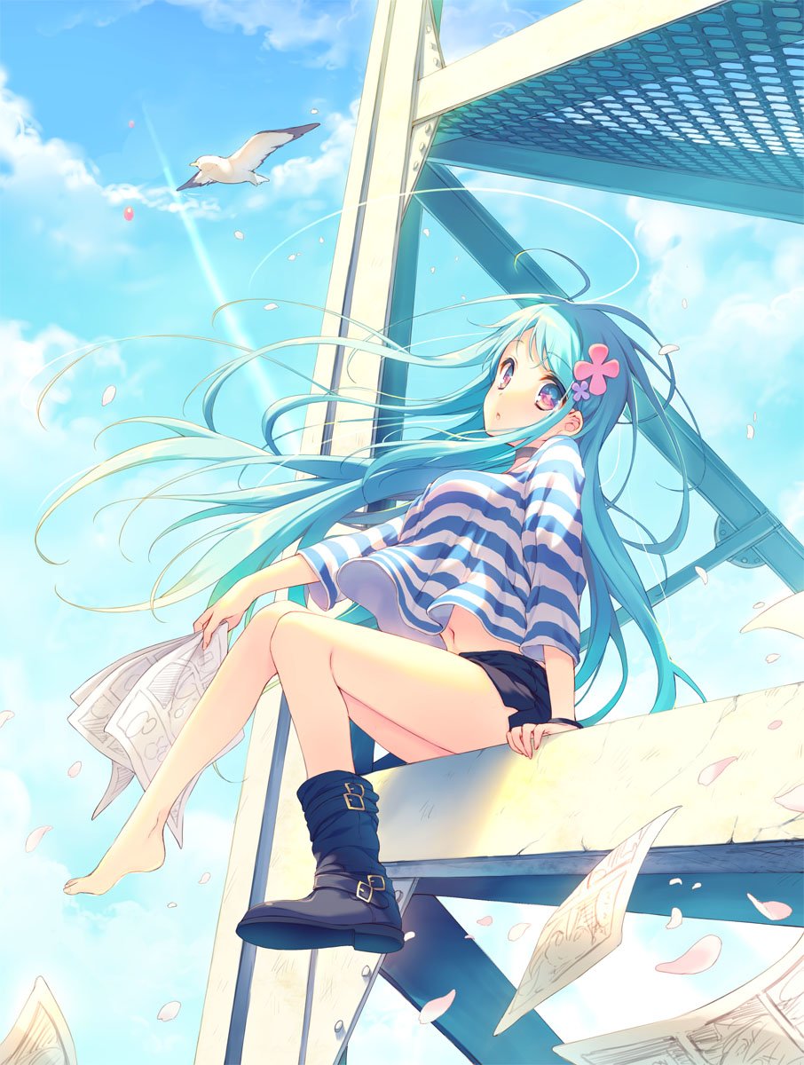 1girl, akihabara_denpatou, animal, aqua_hair, bare_legs, barefoot, bird, black_footwear