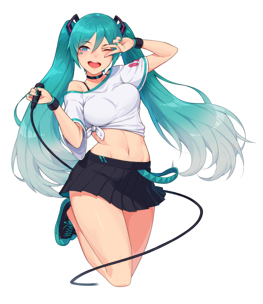 1girl, ;d, alternate_costume, aqua_hair, aqua_nails, arm_up, bare_legs, black_choker