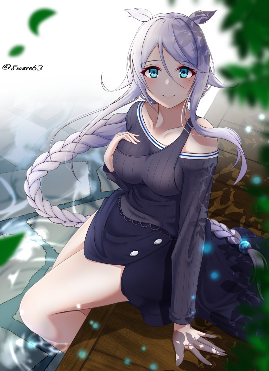 1girl, bangs, bare_legs, black_sweater, braid, eyebrows_visible_through_hair, green_eyes, hachiware_(8ware63)