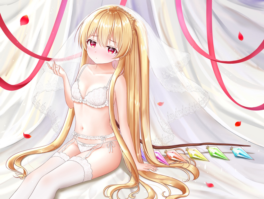 1girl, arm_at_side, bangs, bed_sheet, blonde_hair, bow, bow_bra, bow_panties, bra, breasts, crystal, feet_out_of_frame, flandre_scarlet, frilled_bra, frilled_panties, frills, garter_belt, hand_up, highres, long_hair, navel, nyanyanoruru, on_bed, one_side_up, panties, petals, red_eyes, ribbon, see-through, side-tie_panties, sitting, solo, strap_gap, string_panties, thigh-highs, touhou, underwear, underwear_only, veil, very_long_hair, white_bow, white_bra, white_legwear, white_panties, wings
