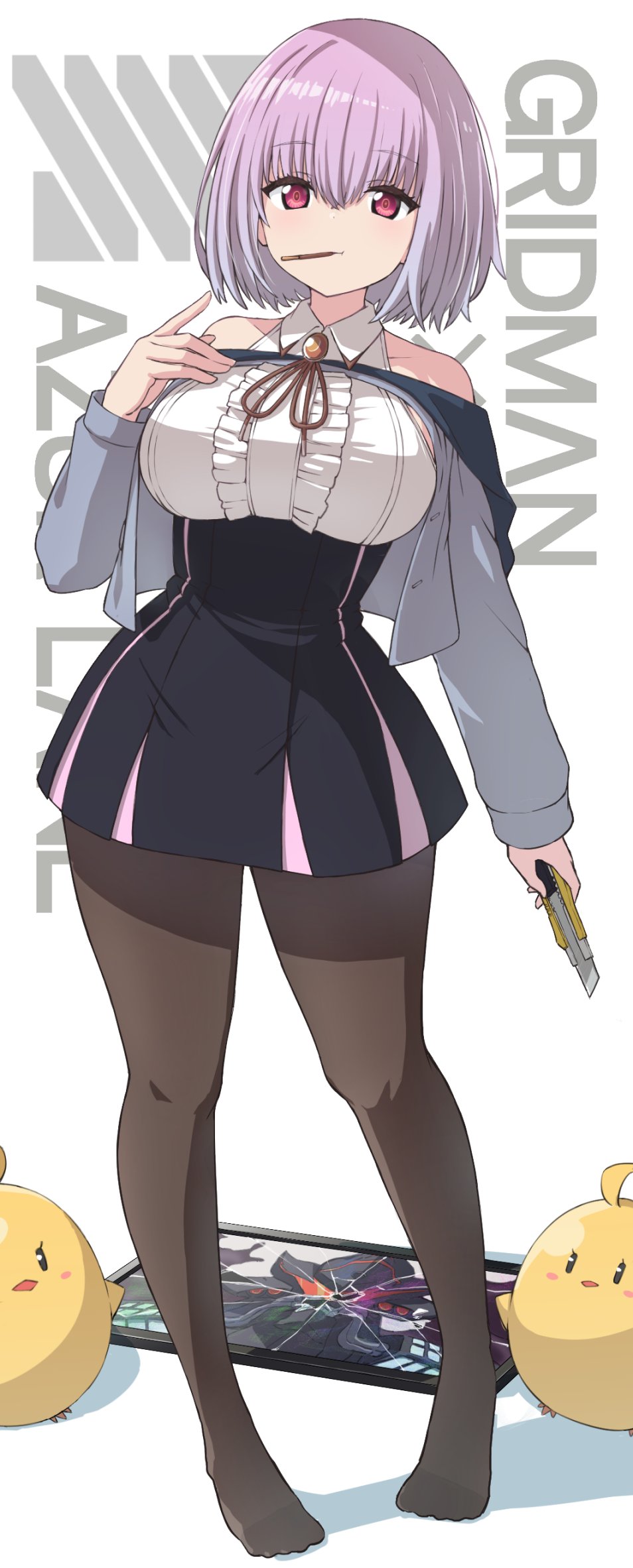 1girl, azur_lane, bare_shoulders, blue_jacket, boxcutter, breasts, broken_screen, brown_legwear