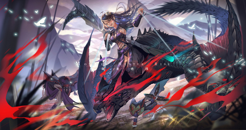 1girl, black_hair, canyne, copyright_name, fangs, felyne, glowing, glowing_eyes, h1y3l14, highres, mask, monster_hunter_(series), monster_hunter_rise, nargacuga, nargacuga_(armor), open_mouth, riding, shuriken, tongue, tongue_out, weapon