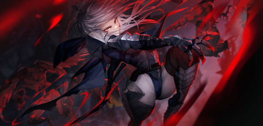 1girl, absurdres, armor, bisected, blood, blood_on_face, blue_leotard, commission, english_commentary, floating_hair, greaves, highres, holding, holding_sword, holding_weapon, hood, hood_up, indie_virtual_youtuber, jin_grey_paladin, leotard, long_hair, lunari_donna, open_hand, parted_lips, red_eyes, silver_hair, smile, solo_focus, sword, virtual_youtuber, weapon