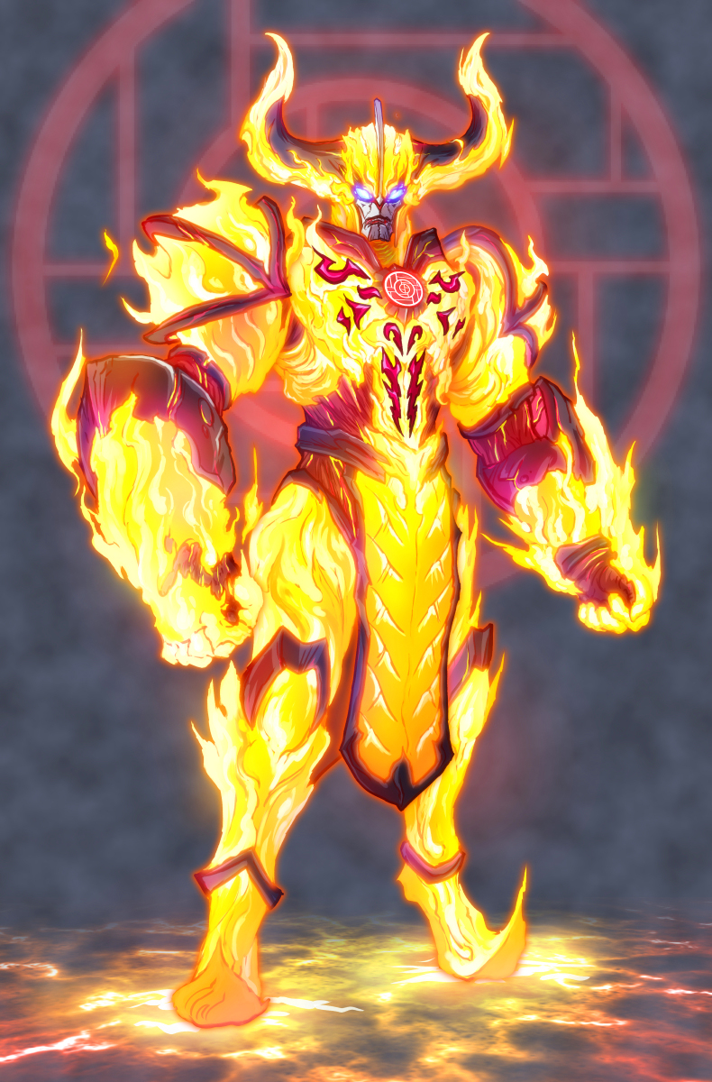 1boy, absolute_diavolo, alien, armor, aura, blue_eyes, burning, chest_tattoo