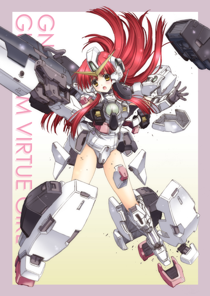 1girl, 2000s_(style), :o, border, brown_eyes, character_name, floating_hair, gun