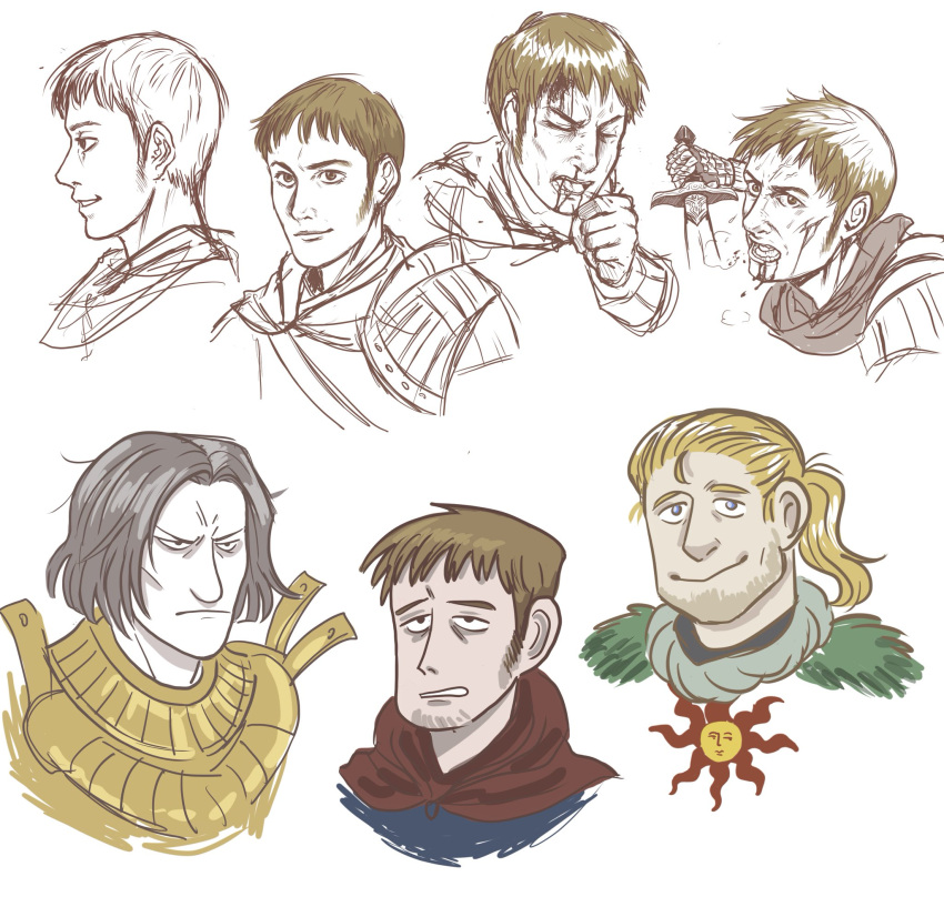 armor, bleeding, blonde_hair, blood, blue_eyes, brown_eyes, dark_souls_(series), dark_souls_i