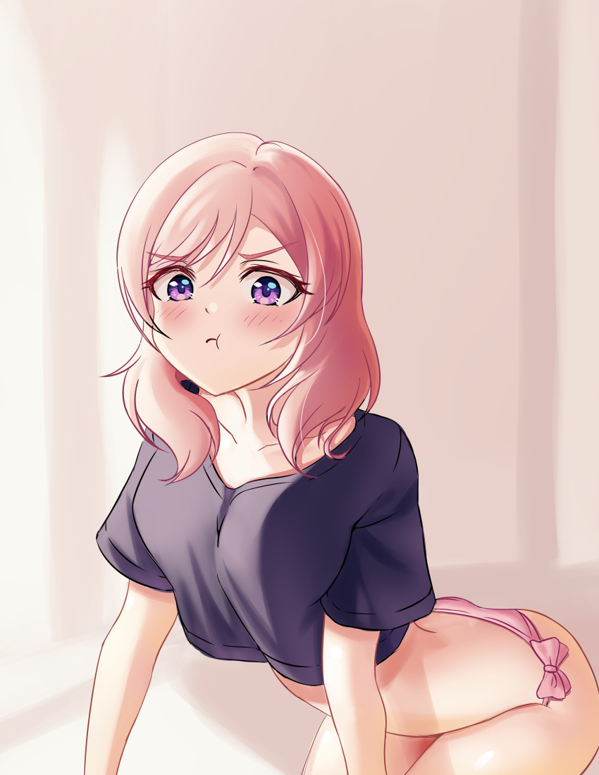 1girl, :t, absurdres, aiyanamii, arched_back, bangs, bent_over, black_shirt