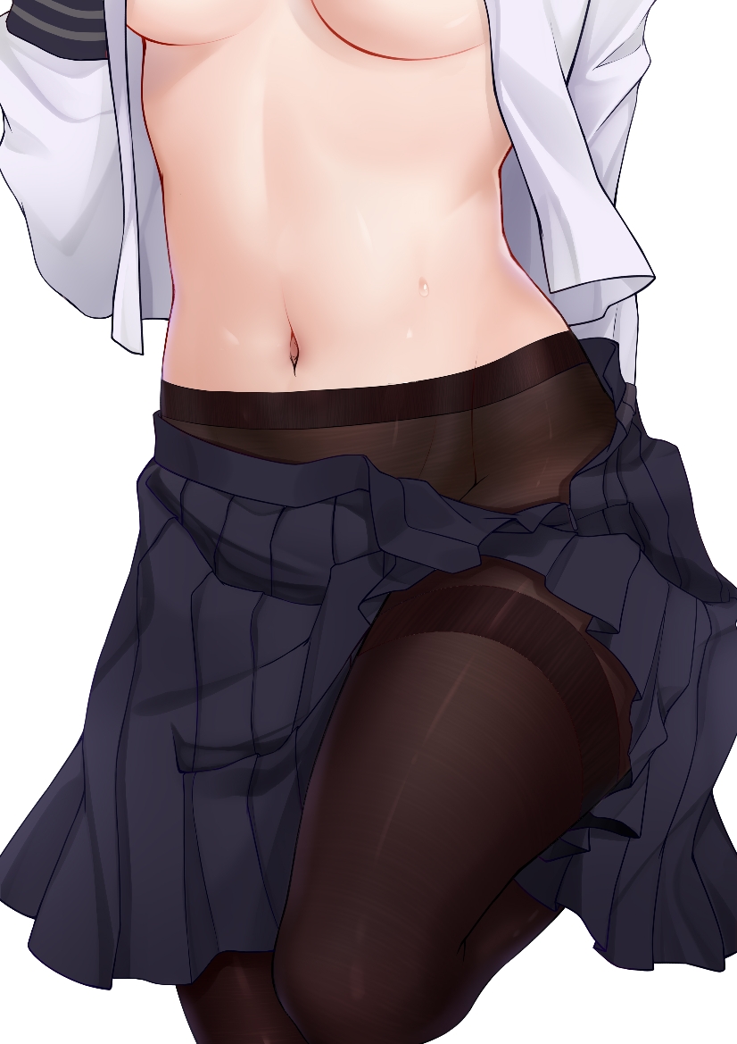 1girl, black_legwear, blue_skirt, breasts, character_request, copyright_request, hei_kuang_jun, lower_body