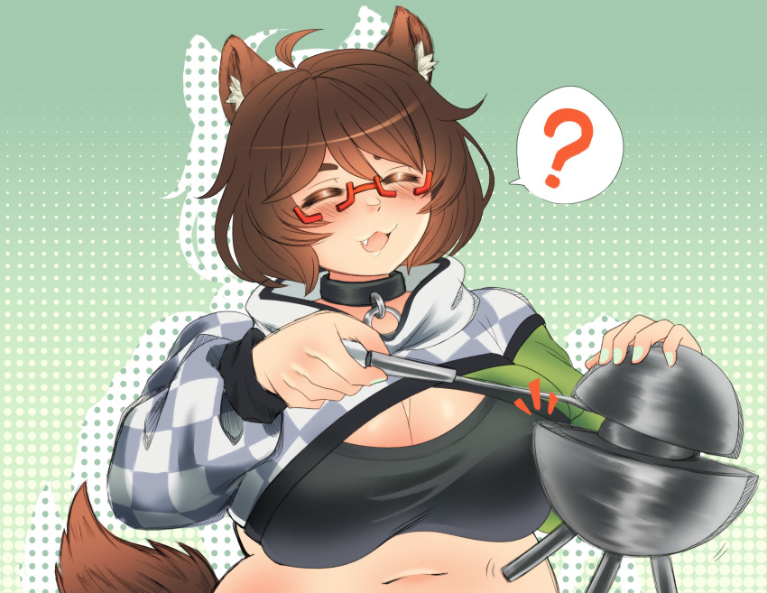 1girl, abstract_background, absurdres, animal_ears, breasts, brown_hair, collar, demon_core