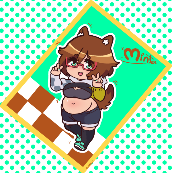 1girl, :3, abstract_background, animal_ears, breasts, brown_hair, character_name, commentary