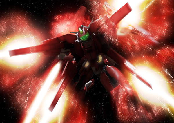 beam_cannon, commentary_request, energy_cannon, firing, green_eyes, gundam, gundam_00, light_particles