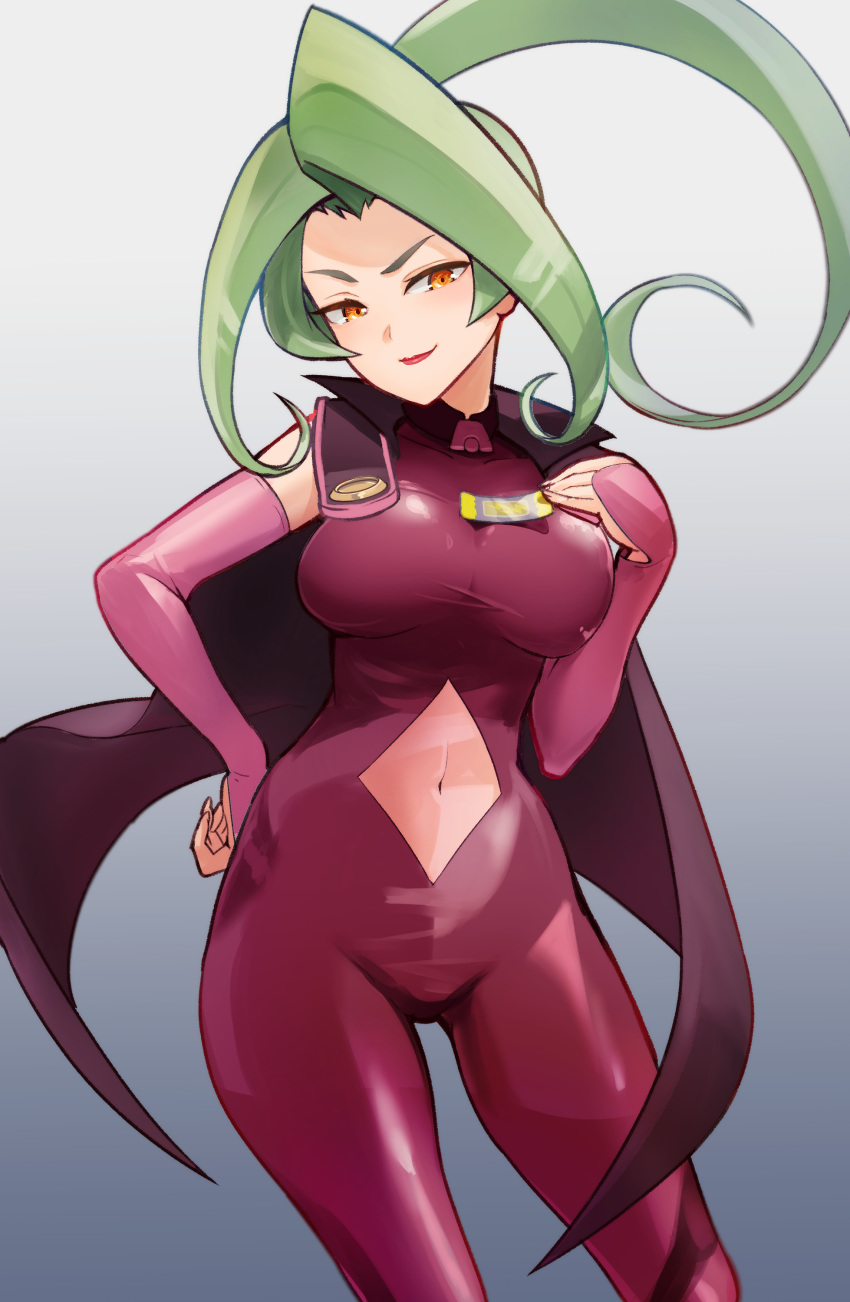 1girl, absurdres, arm_warmers, banka_(pixiv21424331), bodysuit, breasts, cape, dinosaur_king