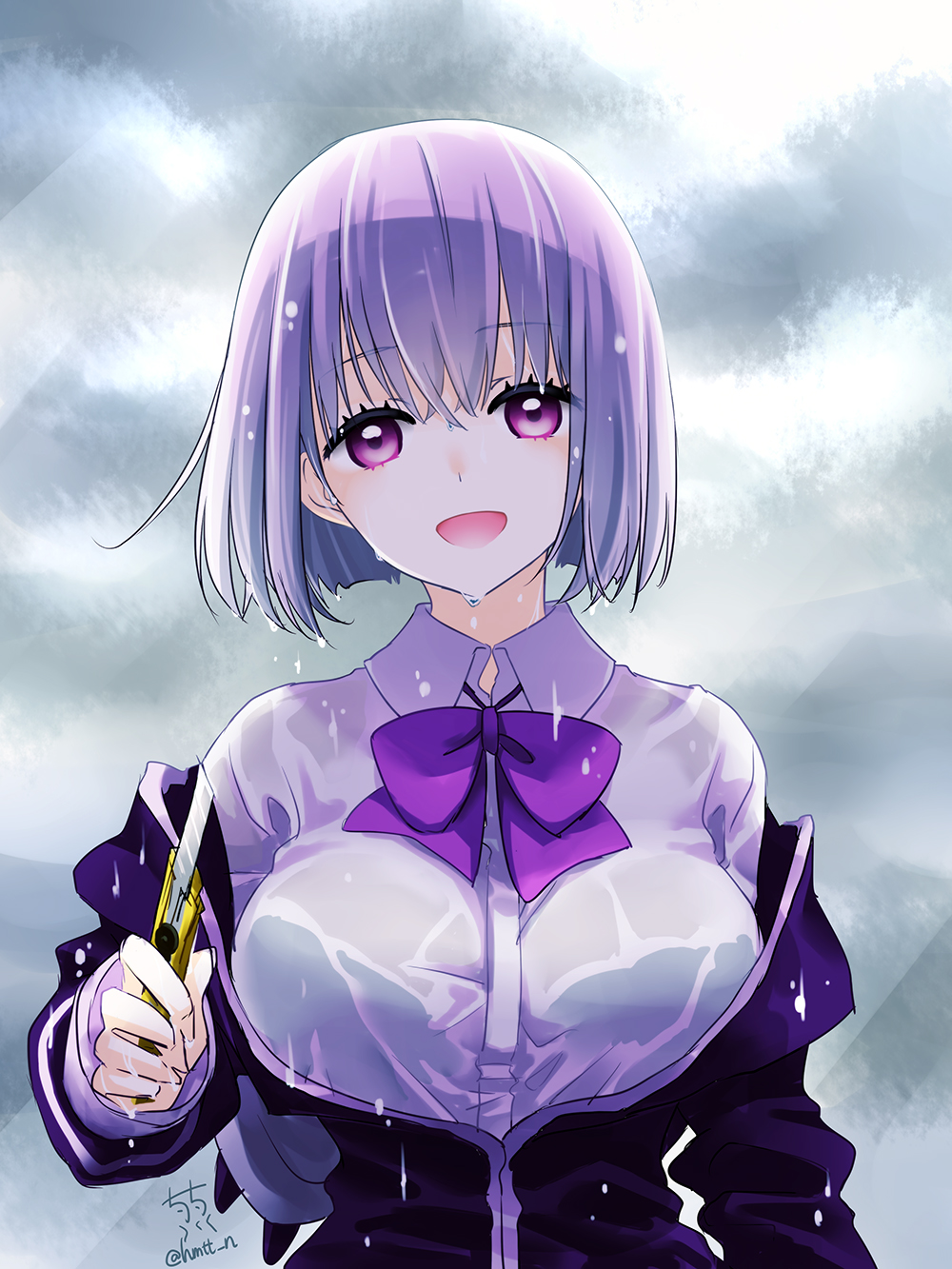 1girl, :d, bangs, bow, bowtie, boxcutter, bra_visible_through_clothes, breasts