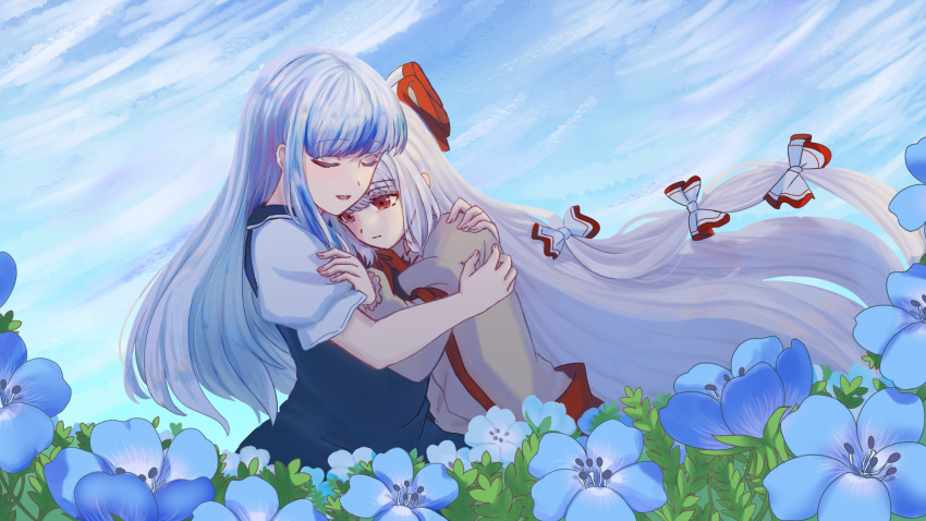 2girls, bangs, blue_dress, blue_flower, blue_hair, bow, chisa_yasunaga, closed_eyes