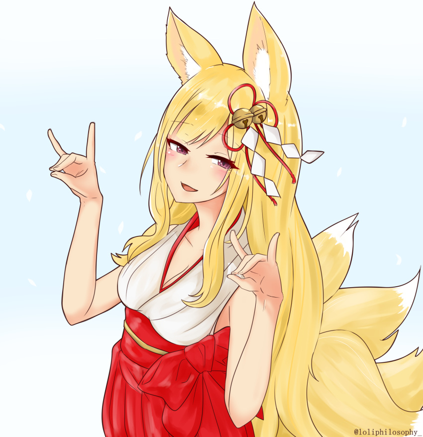 animal_ears, artist_name, bare_arms, bell, bell_hair_ornament, blonde_hair, blush, breasts, commentary, english_commentary, fox_ears, fox_shadow_puppet, highres, indie_virtual_youtuber, japanese_clothes, jingle_bell, kitsune, light_blue_background, loliphilosophy, long_hair, looking_at_viewer, medium_breasts, miko, multiple_girls, open_mouth, simple_background, sleeveless, smile, tsukimiya_mai, twitter_username, violet_eyes, virtual_youtuber