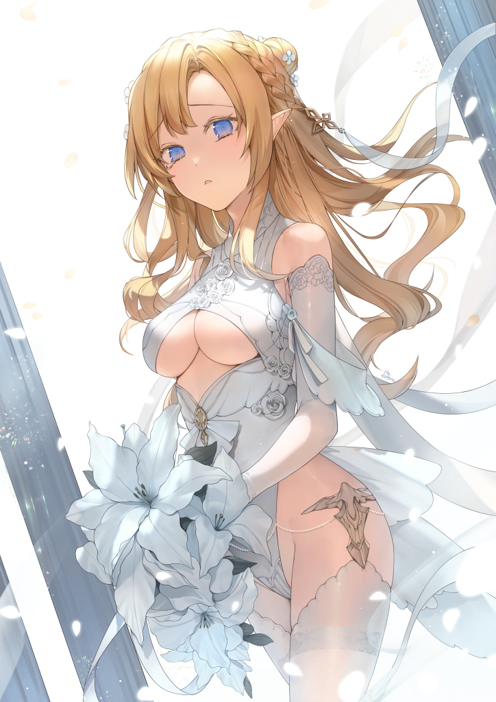 1girl, bare_shoulders, blonde_hair, blue_eyes, braid, breast_cutout, breasts, commentary_request