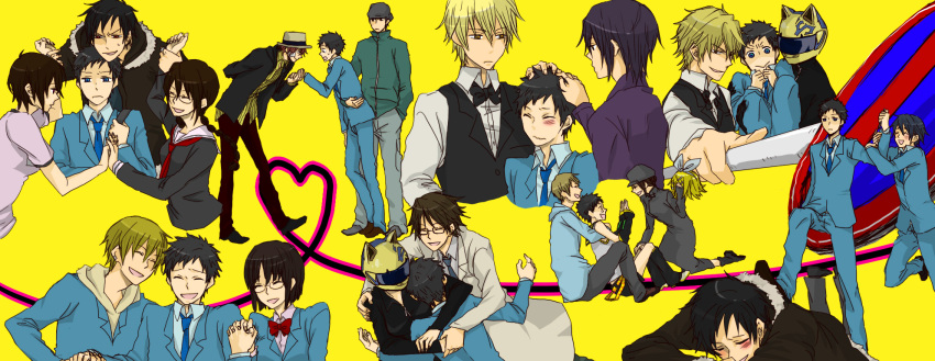 black_hair, blonde_hair, blue_eyes, blush, braids, brown_hair, crossover, durarara!