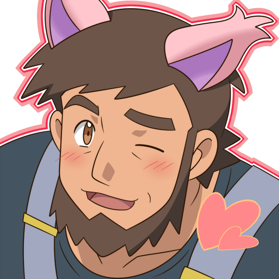 1boy, ;d, beard, blush, brown_eyes, brown_hair, cat_day, commentary_request
