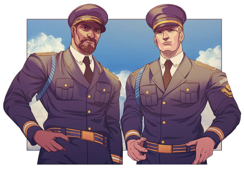 2boys, beard, belt, black_jacket, blonde_hair, brown_hair, buttons, closed_mouth