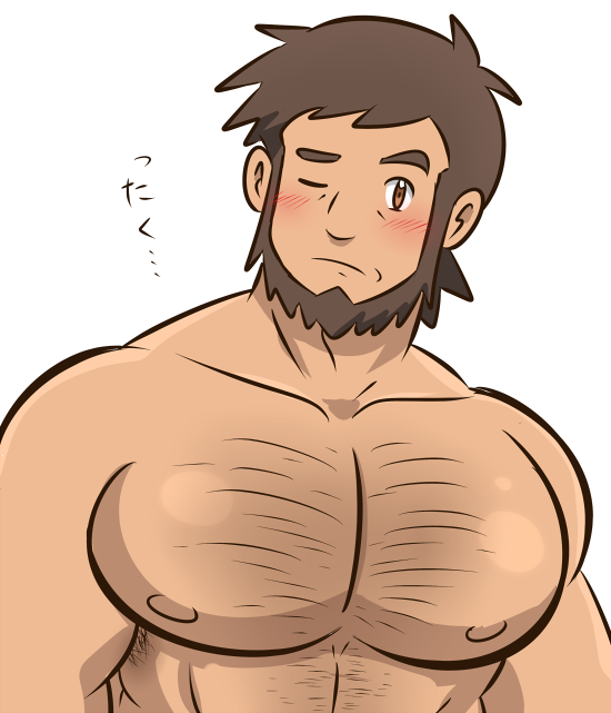 1boy, beard, blush, brown_eyes, brown_hair, chest_hair, closed_mouth, collarbone