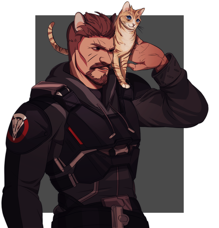1boy, animal, animal_ears, animal_on_shoulder, beard, belt, black_jacket, blackwatch_reyes