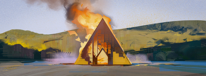blue_sky, building, fire, highres, midsommar, mountain, no_humans, rocher-hd