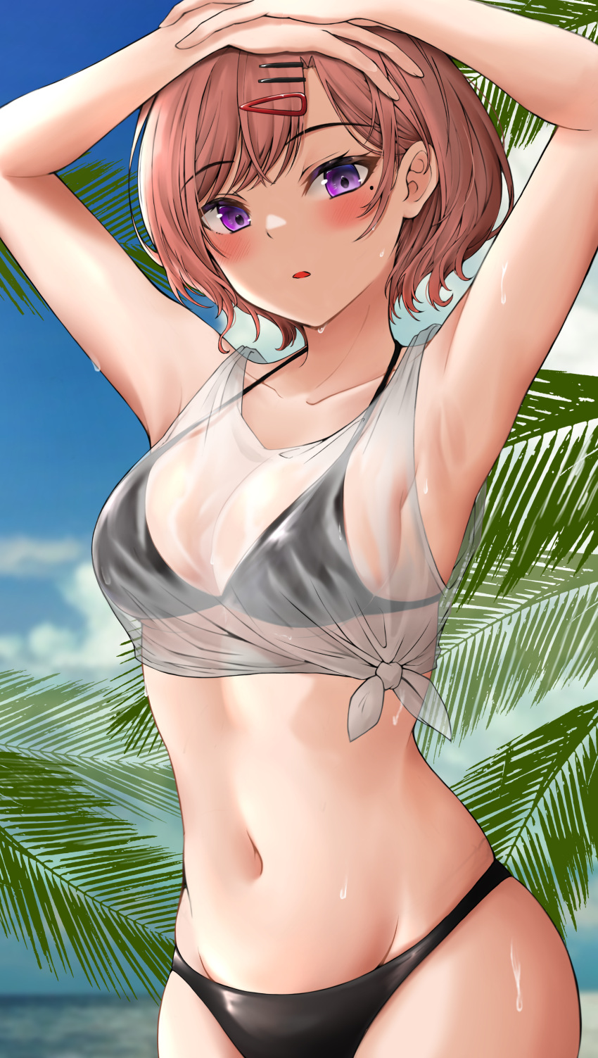 1girl, absurdres, armpits, arms_up, bikini, black_bikini, blue_sky, breasts