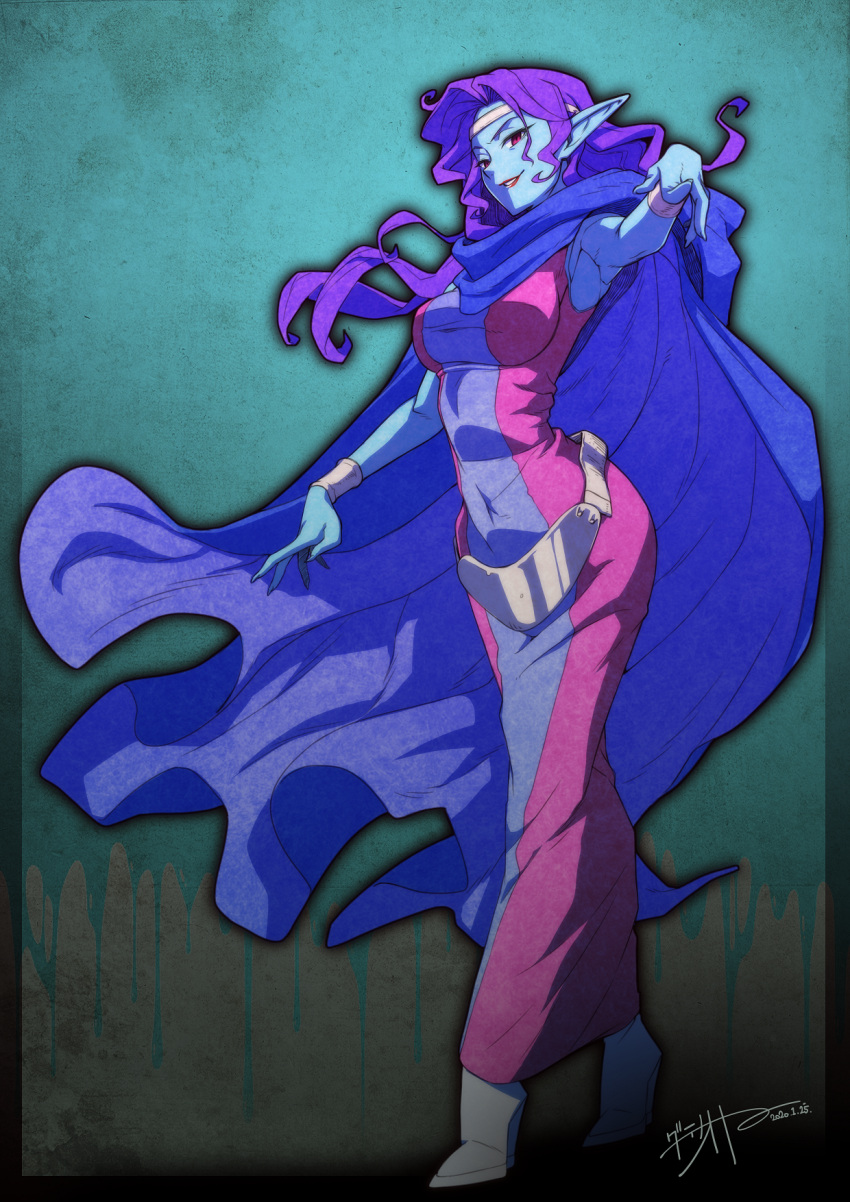 1girl, artist_name, blue_cape, blue_skin, bracelet, breasts, cape, colored_skin, covered_navel, date_naoto, dress, full_body, headband, high_heels, highres, jewelry, lipstick, makeup, medium_breasts, mishaela, pink_dress, pointy_ears, purple_hair, red_eyes, red_lips, shining_(series), shining_force_i, solo, standing, two-tone_dress