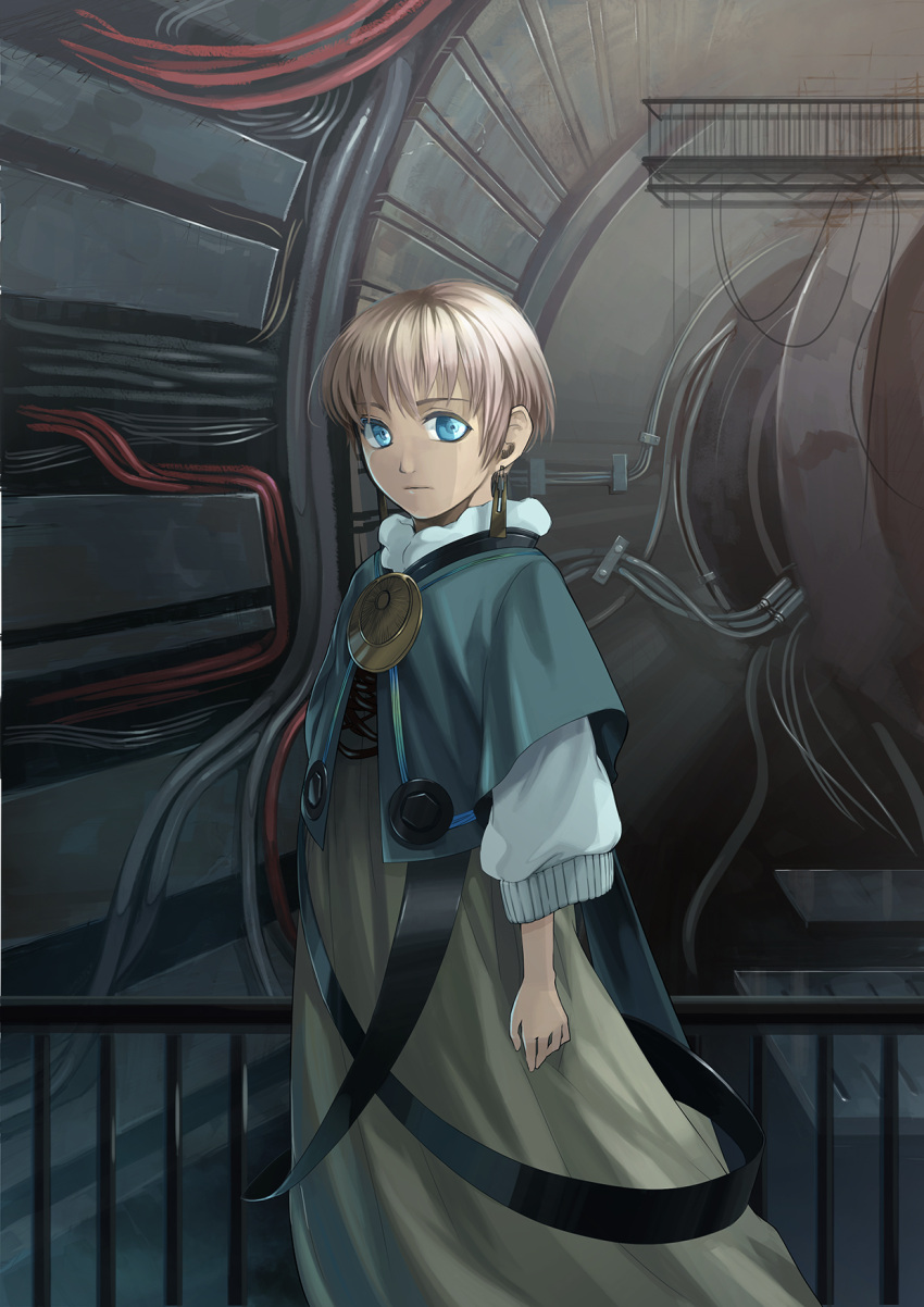 androgynous, blue_eyes, brown_hair, clothing_request, earrings, highres, indoors, jewelry