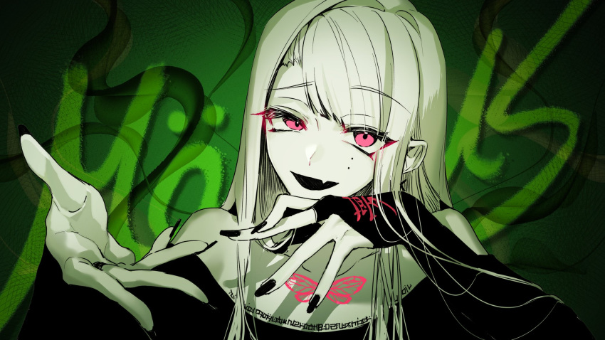 1girl, :irai, black_nails, collarbone, eyebrows_visible_through_hair, fang, green_background, hair_behind_ear