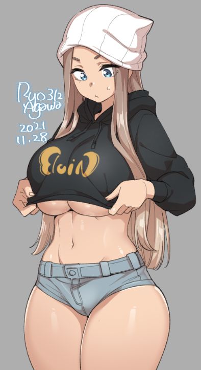 1girl, agawa_ryou, artist_name, beanie, black_hoodie, blue_eyes, breasts, closed_mouth, commentary, cowboy_shot, crop_top, dated, denim, denim_shorts, english_commentary, grey_background, groin, hat, hood, hood_down, hoodie, hoodie_pull, huge_breasts, light_brown_hair, linea_alba, long_hair, long_sleeves, looking_down, navel, numbered, original, short_eyebrows, short_shorts, shorts, sidelocks, simple_background, skindentation, solo, sweatdrop, thick_thighs, thighs, under_boob, v-shaped_eyebrows, very_long_hair, white_headwear
