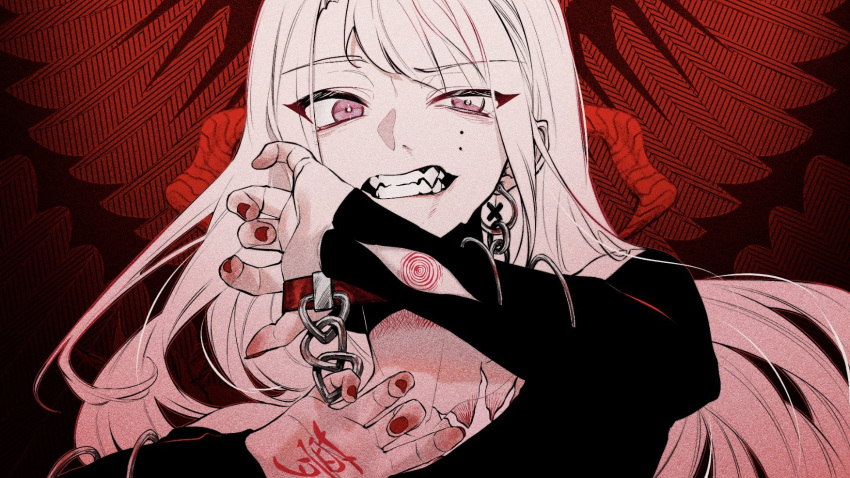 1girl, :irai, bangs, black_sweater, chain, eyebrows_visible_through_hair, fangs, floating_hair, hair_behind_ear, highres, long_hair, looking_at_viewer, mu_yume, open_hand, open_mouth, original, pink_eyes, portrait, red_nails, scowl, solo, sweater, utaite_(singer), white_hair