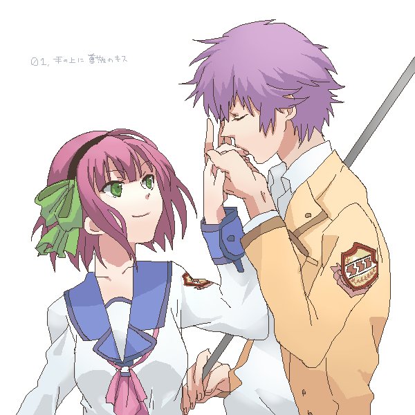 1girl, angel_beats!, couple, hand_kiss, kiss, noda, noda_(angel_beats!), school_uniform