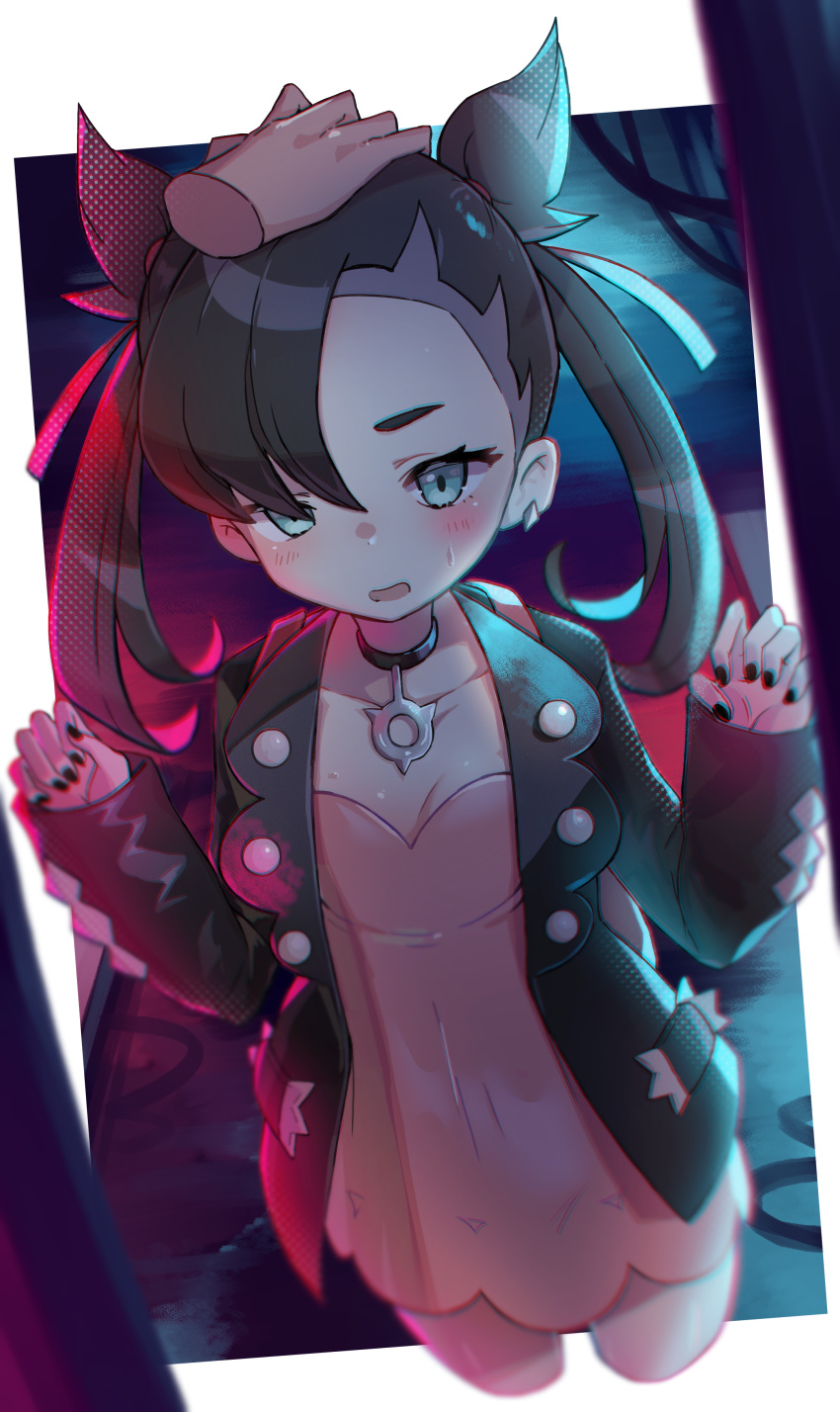 1girl, absurdres, asymmetrical_bangs, bangs, black_choker, black_hair, black_jacket, black_nails