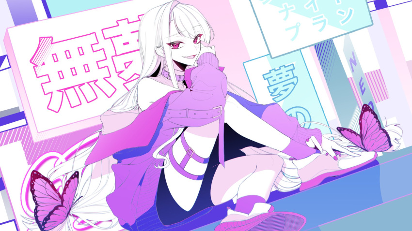 1girl, :irai, bangs, black_shorts, bug, butterfly, collar, eyebrows_visible_through_hair