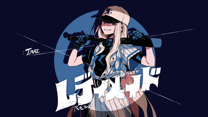1girl, :irai, bangs, baseball_bat, baseball_cap, baseball_jersey, baseball_uniform, blonde_hair