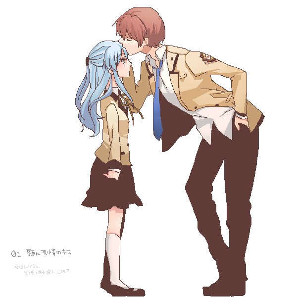 1girl, angel_beats!, couple, forehead_kiss, height_difference, kiss, otonashi, otonashi_(angel_beats!)